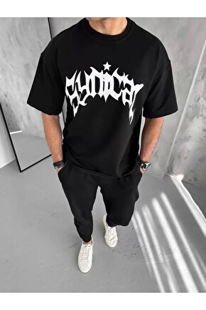 Unisex Bisiklet Yaka Baskılı Oversize T-Shirt - Siyah