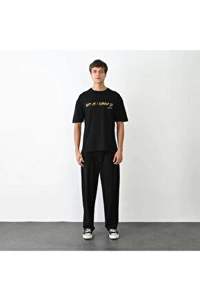 Edolika Unisex Bisiklet Yaka Baskılı Oversize T-Shirt - Siyah