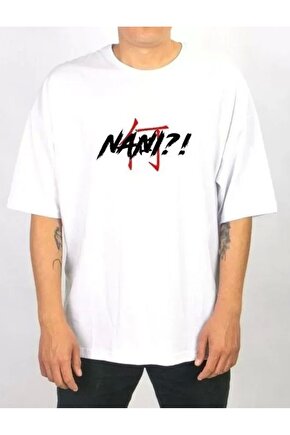 Unisex Bisiklet Yaka Baskılı Oversize T-Shirt - Beyaz