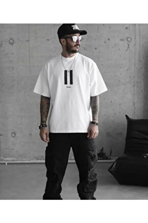 Unisex Bisiklet Yaka Baskılı Oversize T-Shirt - Beyaz