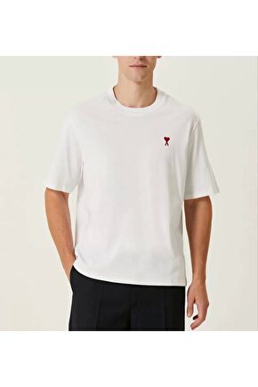 Unisex Bisiklet Yaka Baskılı Oversize T-Shirt - Beyaz