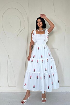 Kırmızı Sıfır Kol Fırfırlı Elbise