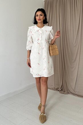 munn collection Pembe Bebe Yakalı Brode Elbise