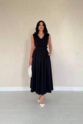 munn collection Siyah Önü Britli Pileli Elbise