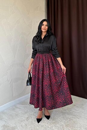 munn collection Bordo Leopar Büzgülü Uzun Etek