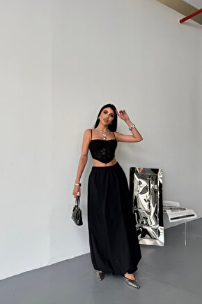 BEL LASTİKLİ BALON ETEK ŞANEL BOY SOFT KUMAŞ - Siyah