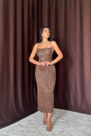 munn collection Leopar Sırt Detaylı Leopar Desenli Saten Elbise