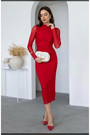 Kadın Uzun Kol Tül Drapeli idi Boy Elbise