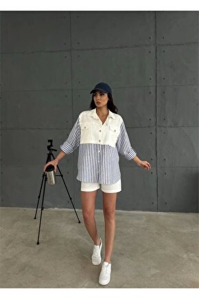 GABARDİN ŞORT  GABARDİN  ÇİZGİİ KETEN GARNİİ CEKET TAKI  acivert