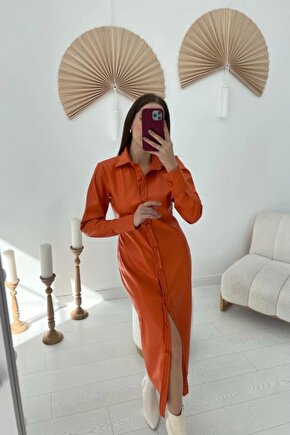 Oranj Boydan Düğmeli Deri Elbise