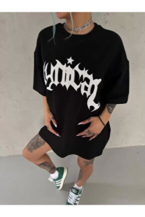 Unisex Bisiklet Yaka Baskılı Oversize Thirt  iyah