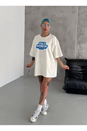 Unisex Bisiklet Yaka Baskılı Oversize Thirt  Beyaz