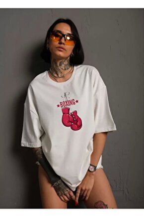 Unisex Bisiklet Yaka Baskılı Oversize Thirt  Beyaz