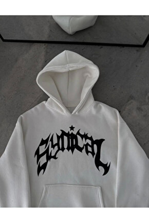 Edolika Üç İplik Kapşonlu Baskılı Oversize SweatShirt- Beyaz