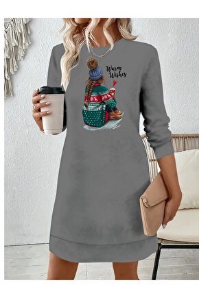 Kadın Uzun Kollu Bisiklet Yaka Desenli Viskon Iki Iplik Elbise