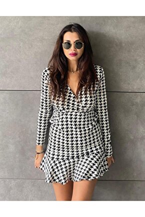 Kadın Uzun Kollu Kruvaze Yaka Kazayağı Mikro Mini Boy Elbise