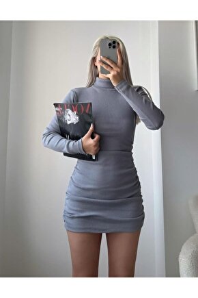 Kadın Uzun Kollu Balıkçı Yaka Büzgü Detay Kaşkorse Kumaş Mini Elbise