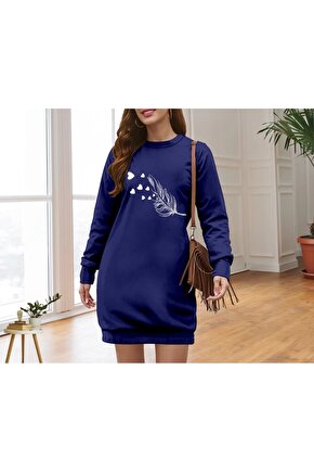 Kadın Uzun Kollu Bisiklet Yaka Desenli Viskon Iki Iplik Elbise