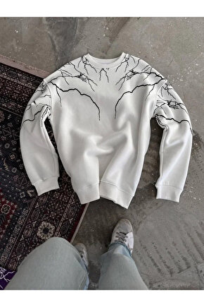 Kendim Fashion Yıldırım Baskılı Bisiklet Yaka SweatShirt - Beyaz