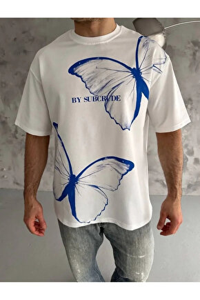 Unisex Bisiklet Yaka Baskılı Oversize T-Shirt - Beyaz