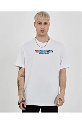 Unisex Bisiklet Yaka Baskılı Oversize T-Shirt - Beyaz