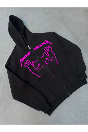 Baskılı Fermuarlı Kapüşonlu Hırka - Siyah