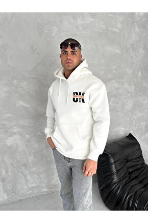Oversize Üç İplik Kapüşonlu SweatShirt - Beyaz