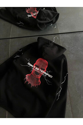 Üç İplik Kapüşonlu Baskılı Oversize SweatShirt- Siyah