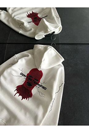 Üç Iplik Kapüşonlu Baskılı Oversize Sweatshirt- Beyaz