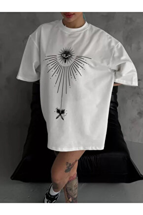 Unisex Bisiklet Yaka Baskılı Oversize T-Shirt - Beyaz