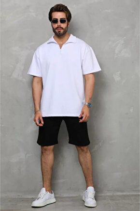 Dua Giyim Unisex Yarım Fermuarlı Düz Oversize T-shirt - Beyaz