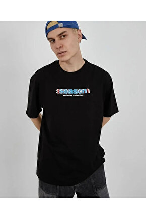 Unisex Bisiklet Yaka Baskılı Oversize T-Shirt - Siyah