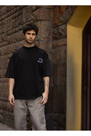 Unisex Bisiklet Yaka Baskılı Oversize T-Shirt - Siyah