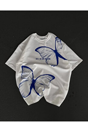 Unisex Bisiklet Yaka Baskılı Oversize T-Shirt - Beyaz