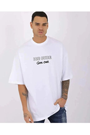 Unisex Bisiklet Yaka Baskılı Oversize T-Shirt - Beyaz