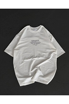 Unisex Bisiklet Yaka Baskılı Oversize T-Shirt - Beyaz