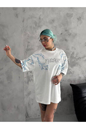 Unisex Bisiklet Yaka Baskılı Oversize T-Shirt - Beyaz