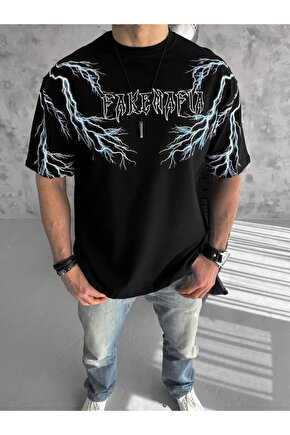 Unisex Bisiklet Yaka Baskılı Oversize T-Shirt-Siyah