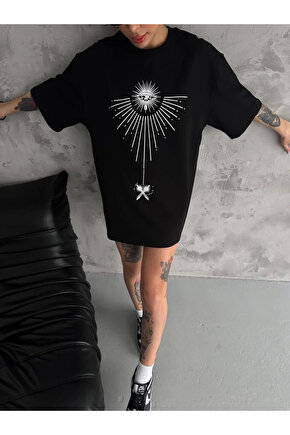 Unisex Bisiklet Yaka Baskılı Oversize T-Shirt - Siyah