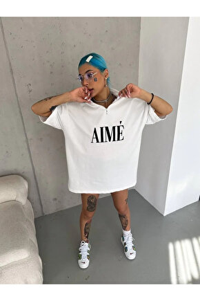 Unisex Yarım Fermuarlı Baskılı T-Shirt - Beyaz