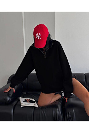 Kadın Yarım Fermuarlı Üç İplik Sweatshirt - Siyah