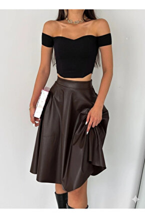 Kadın Yüksel Bel Deri Kloş Etek