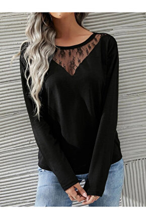 Kadın Uzun Kollu Geniş Yuvarlak Yaka Dantelli Viskon Iki Iplik Bluz