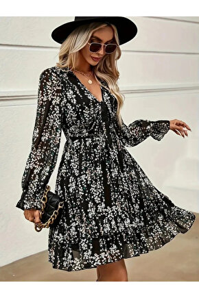 Kadın Uzun Kollu V Yakalı Fırfırlı Ve Bağcıklı şifon Mini Elbise