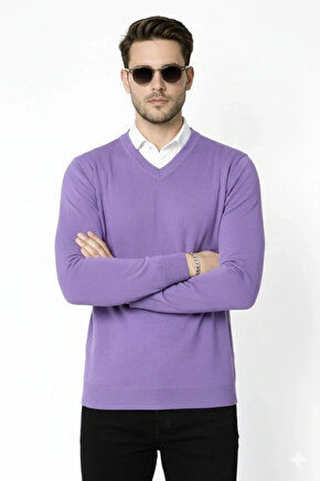 Erkek V Yaka Triko Kazak yumuşak dokulu Pamuklu ince Dokuma, uzun kollu Rahat Regular kalıp - Mor