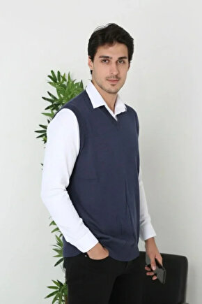 Erkek V Yaka Kolsuz Süveter Triko Kazak Yumuşak Dokulu Pamuklu Ince Dokuma Rahat Regular Kalıp - Lac