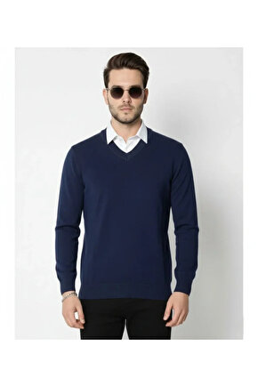 Erkek V Yaka Triko Kazak Yumuşak Dokulu Pamuklu Ince Dokuma, Uzun Kollu Rahat Regular Kalıp - Lacive