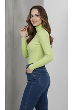 Kadın Tam Boğazlı Fitilli Likrali Kaşkorse Badi İnce Uzun Kollu Kazak - Mint Yeşili