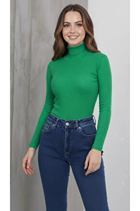 Kadın Tam Boğazlı Fitilli Likrali Kaşkorse Badi İnce Uzun Kollu Kazak - Çimen Yeşili