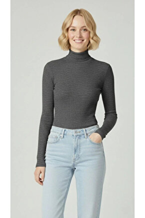 Kadın Tam Boğazlı Fitilli Likrali Kaşkorse Badi İnce Uzun Kollu Kazak - Antrasit